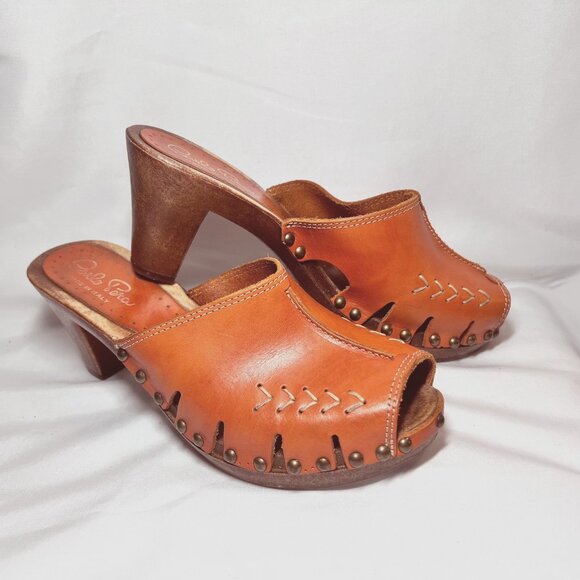 Carlo Pera-Made/Italy-Women's Slip on Clogs-Orange Leather-Sz 7-Studs-Wood-Open - Picture 2 of 16